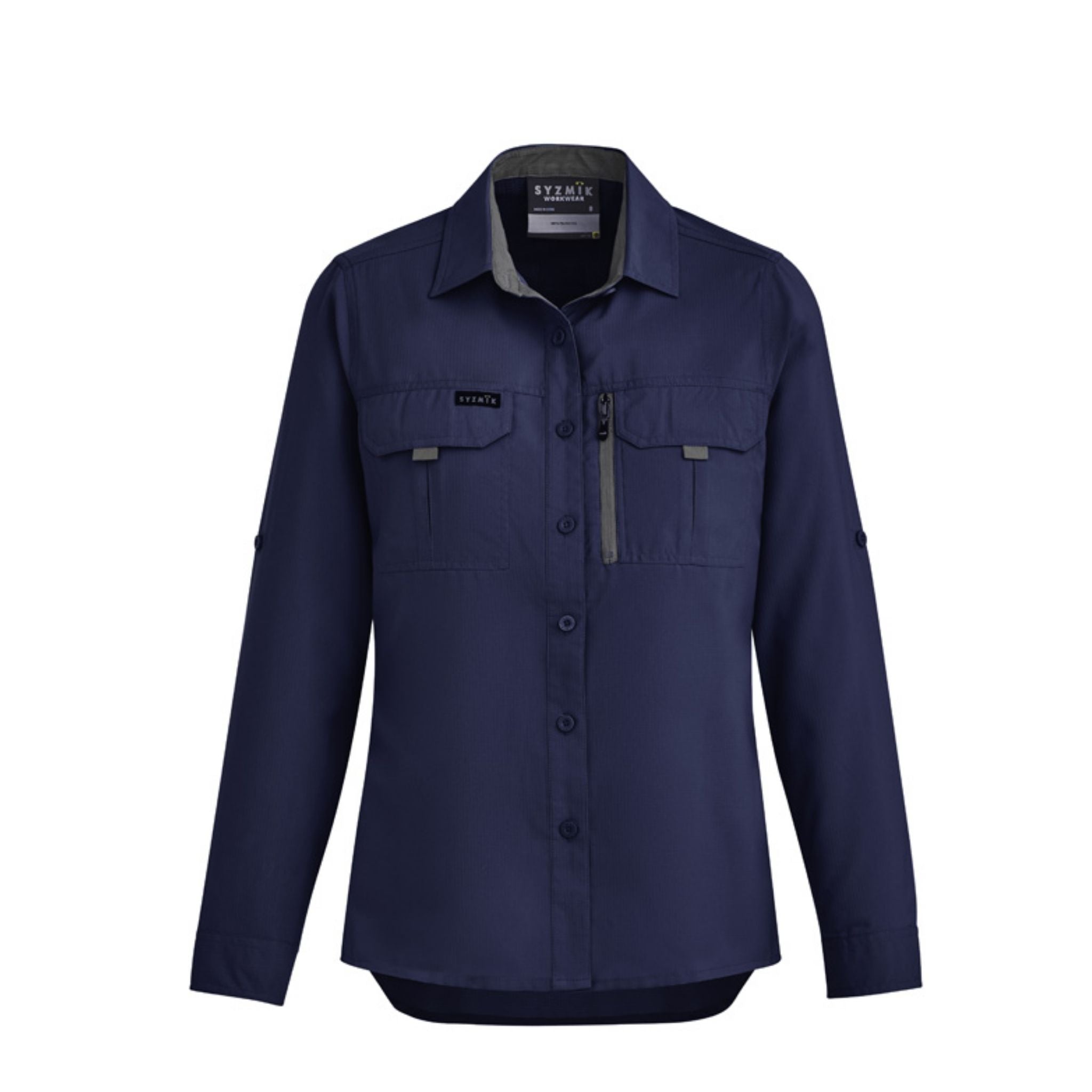 Women's navy outdoor long sleeve work shirt with pockets and zipper
