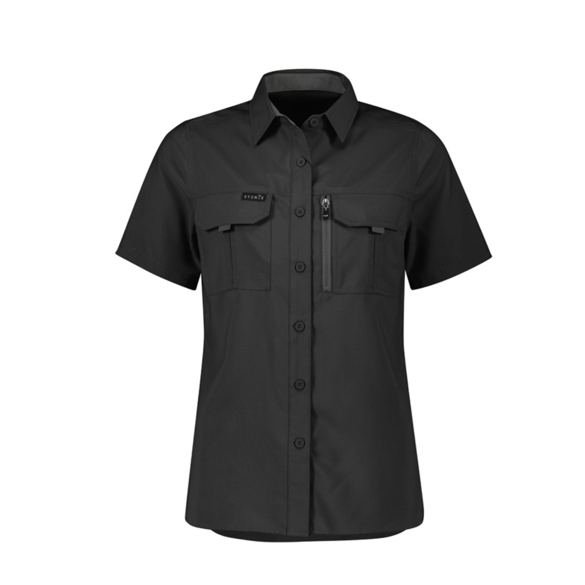 Women's black outdoor short sleeve work shirt with pockets and zipper