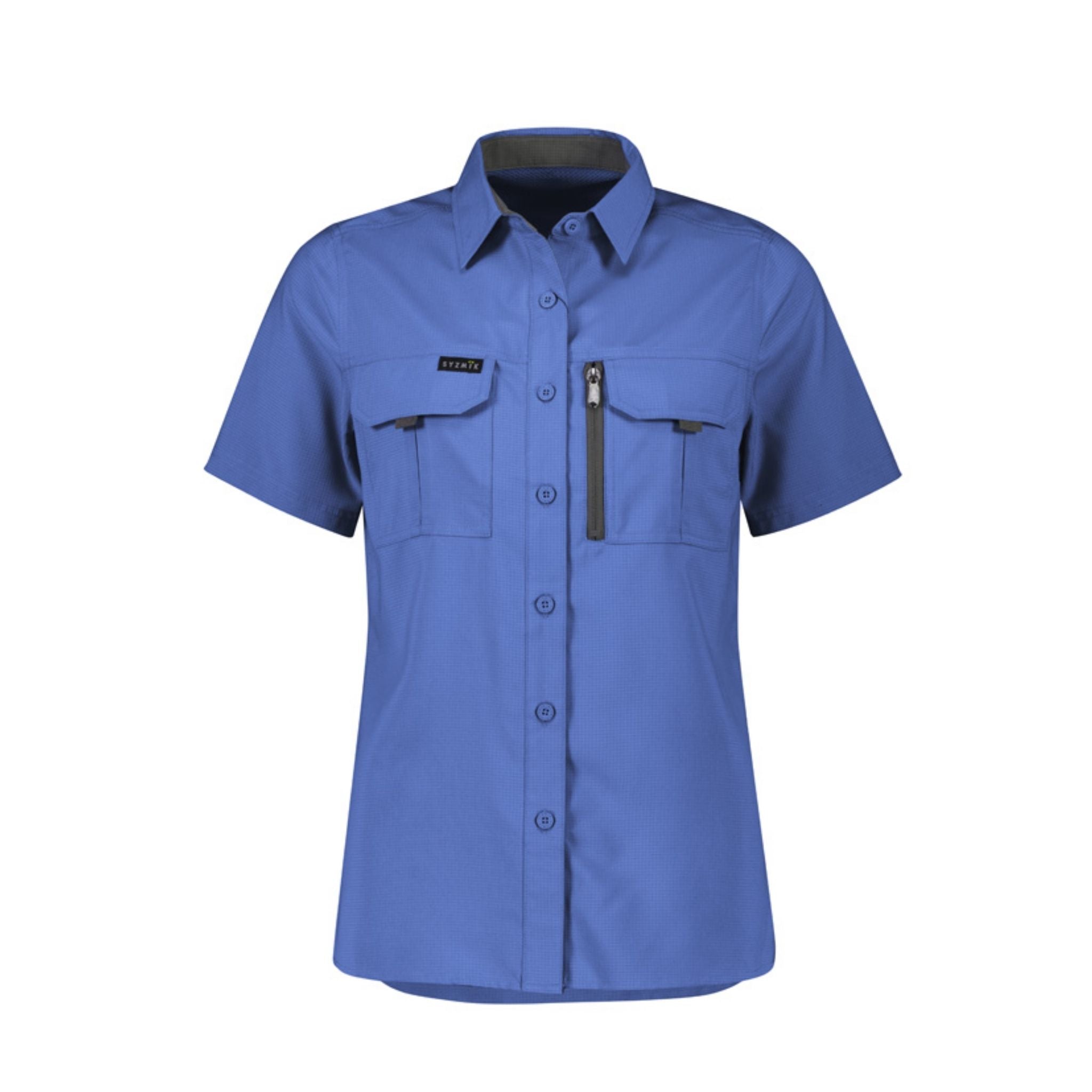 Women's blue outdoor short sleeve work shirt with pockets and zipper
