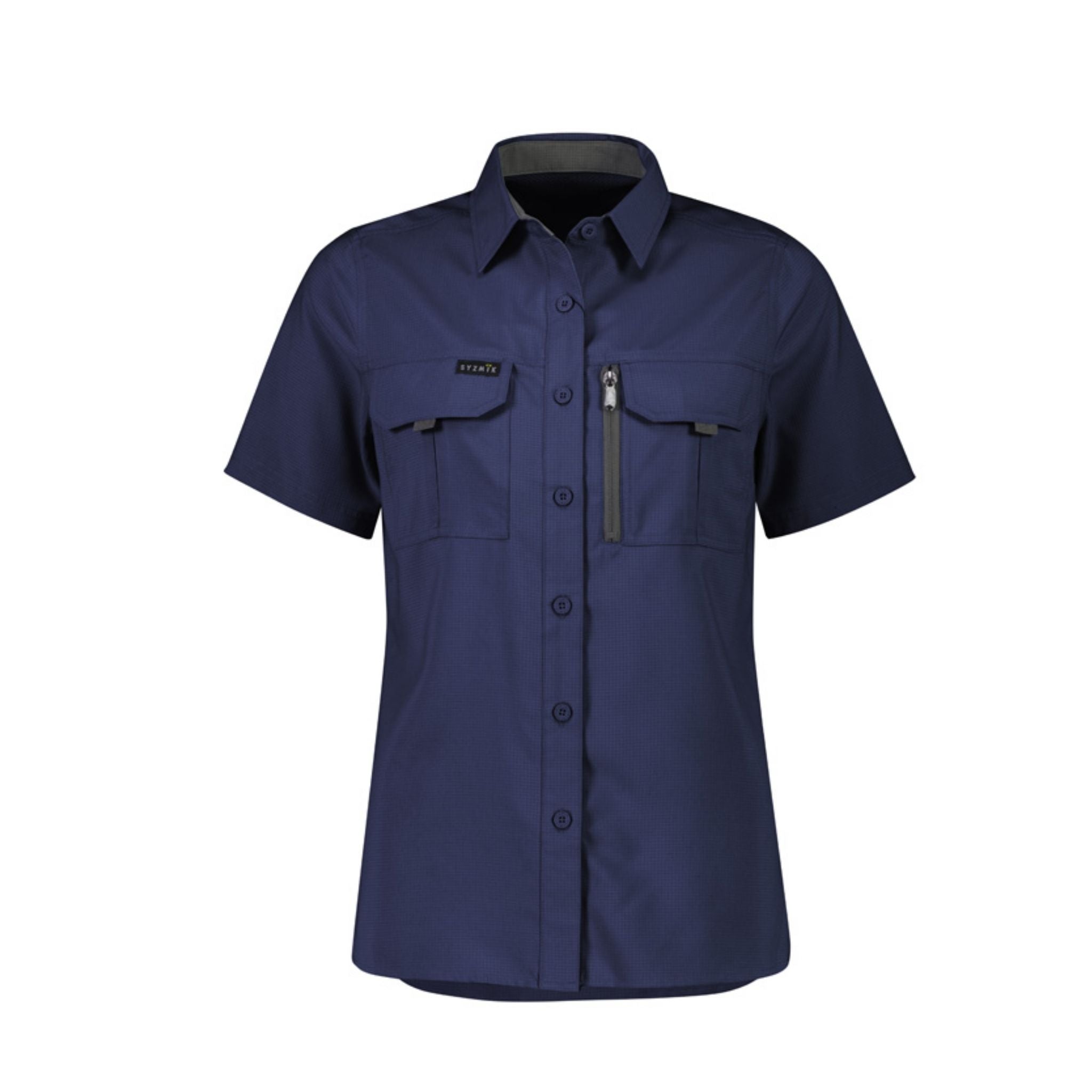 Women's navy outdoor short sleeve work shirt with pockets and zipper
