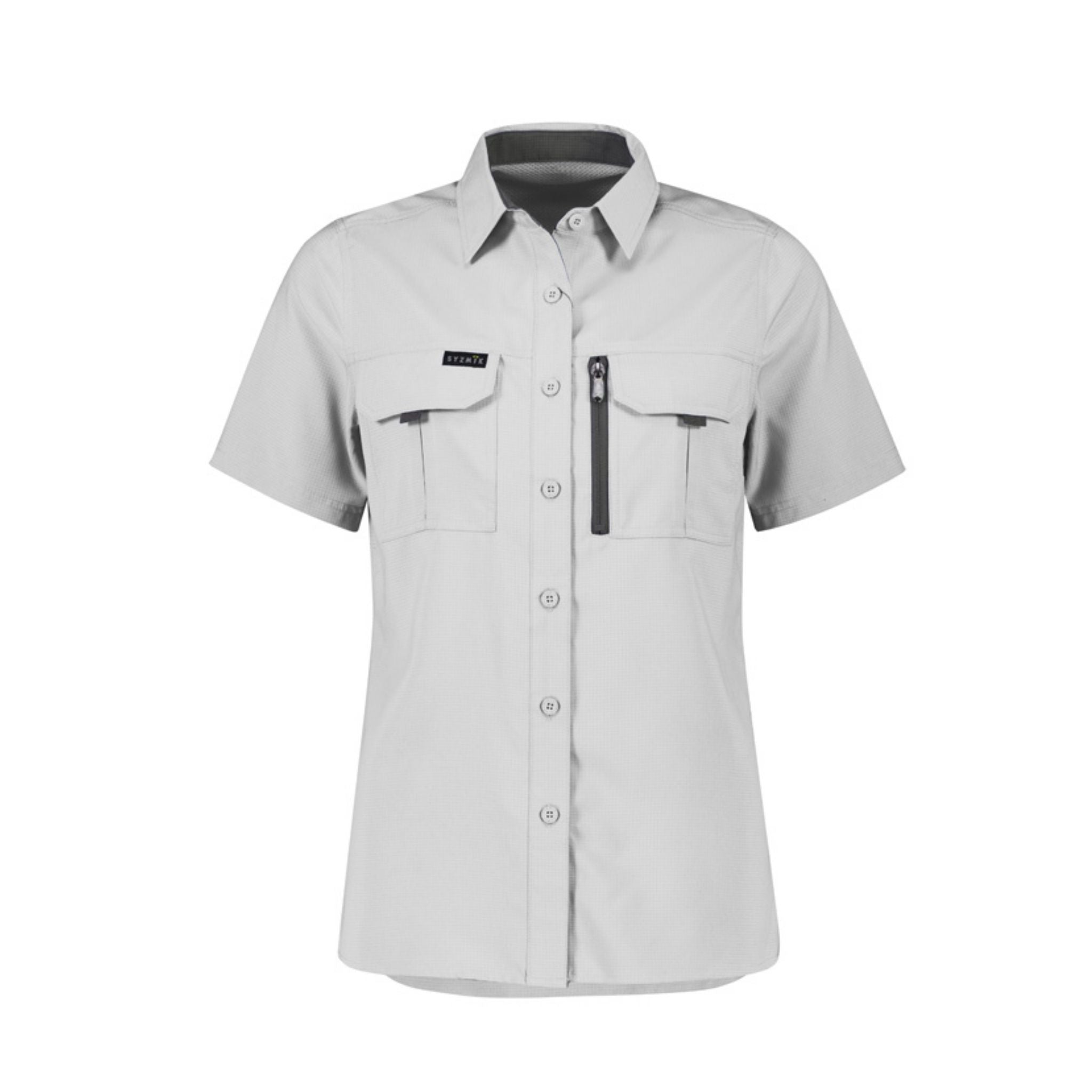 Women's stone outdoor short sleeve work shirt with pockets and zipper