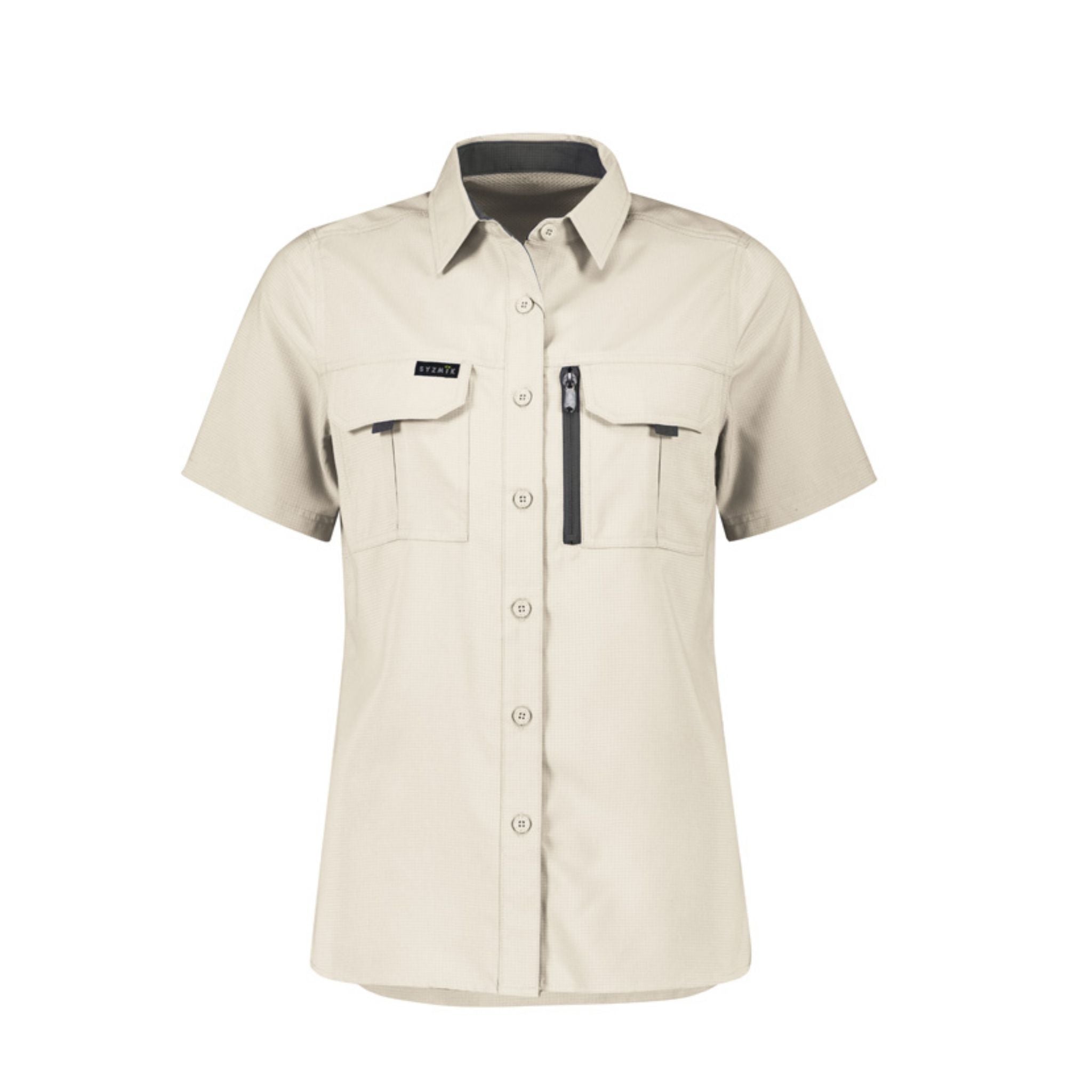 Women's sand outdoor short sleeve work shirt with pockets and zipper