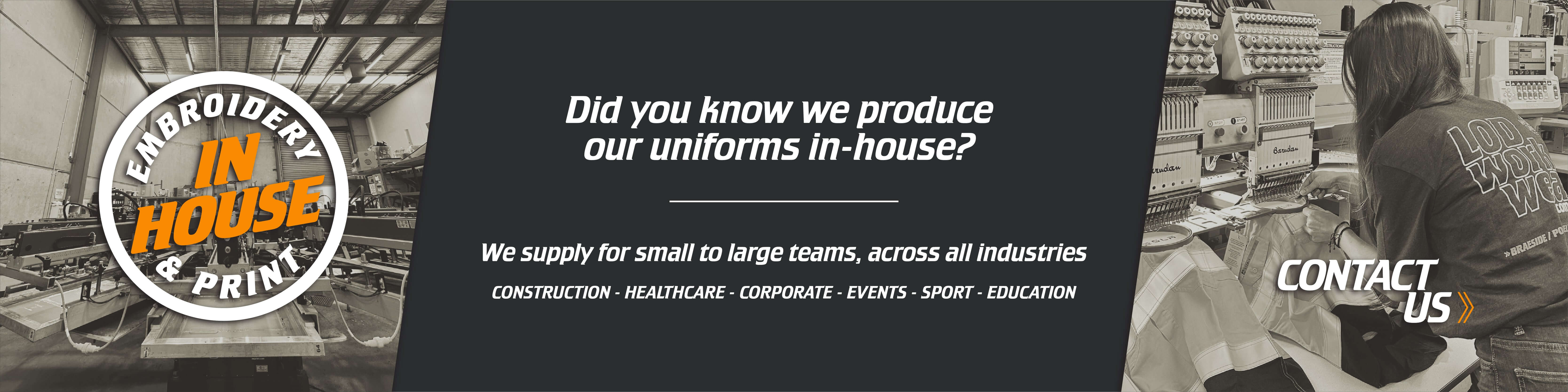 Header banner for in-house custom workwear services.